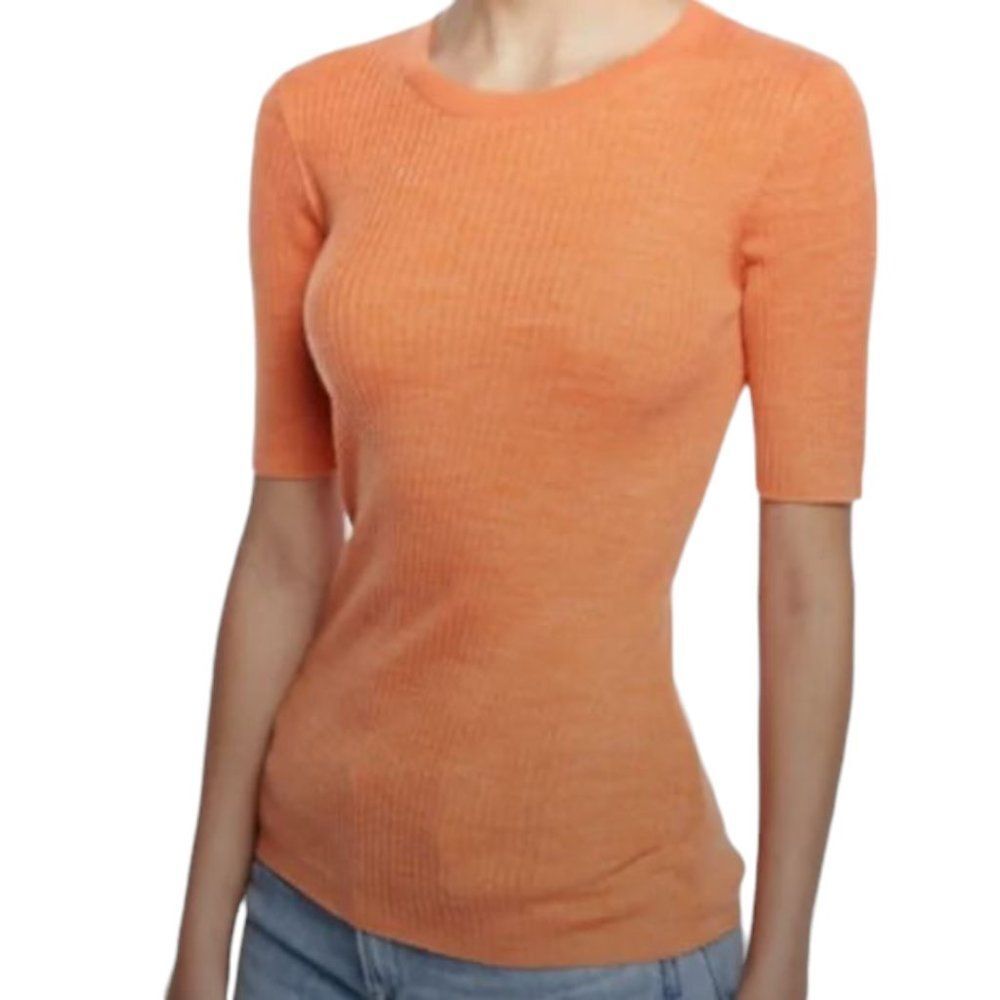 FRAME Ribbed Knit Sweater Wool Blend Persimmon Orange Short Sleeve Crew Neck XS